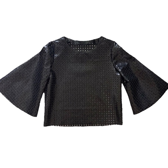 Faux Leather Basketweave Perforated Bell Sleeve Top Edgy Sculptural Minimalist - Picture 8 of 8